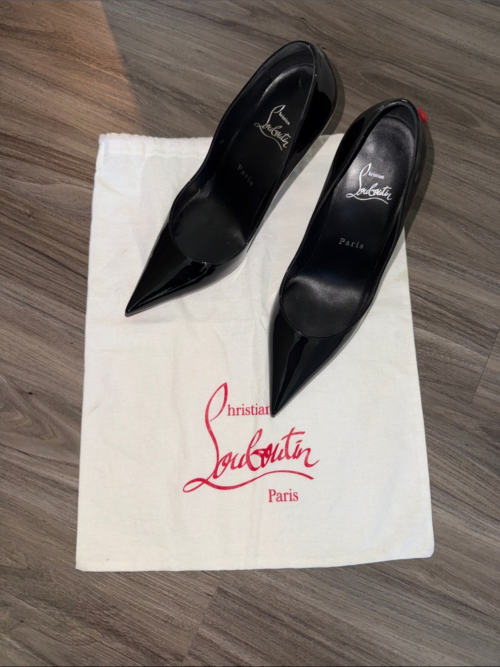 Christian Louboutin Black Patent Miss Z Pointed Toe Pumps with Red Heel Tab
